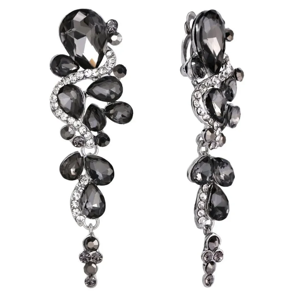 Silver Charcoal Gray and Diamond Austrian Crystal Chandelier Clip On Earrings